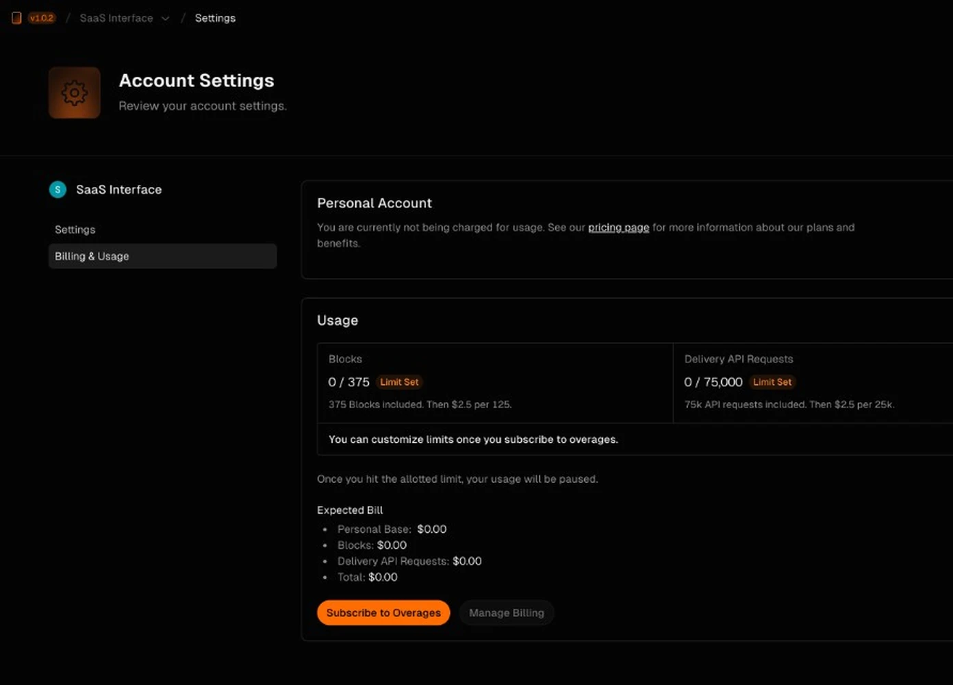 Account settings billing and usage dashboard