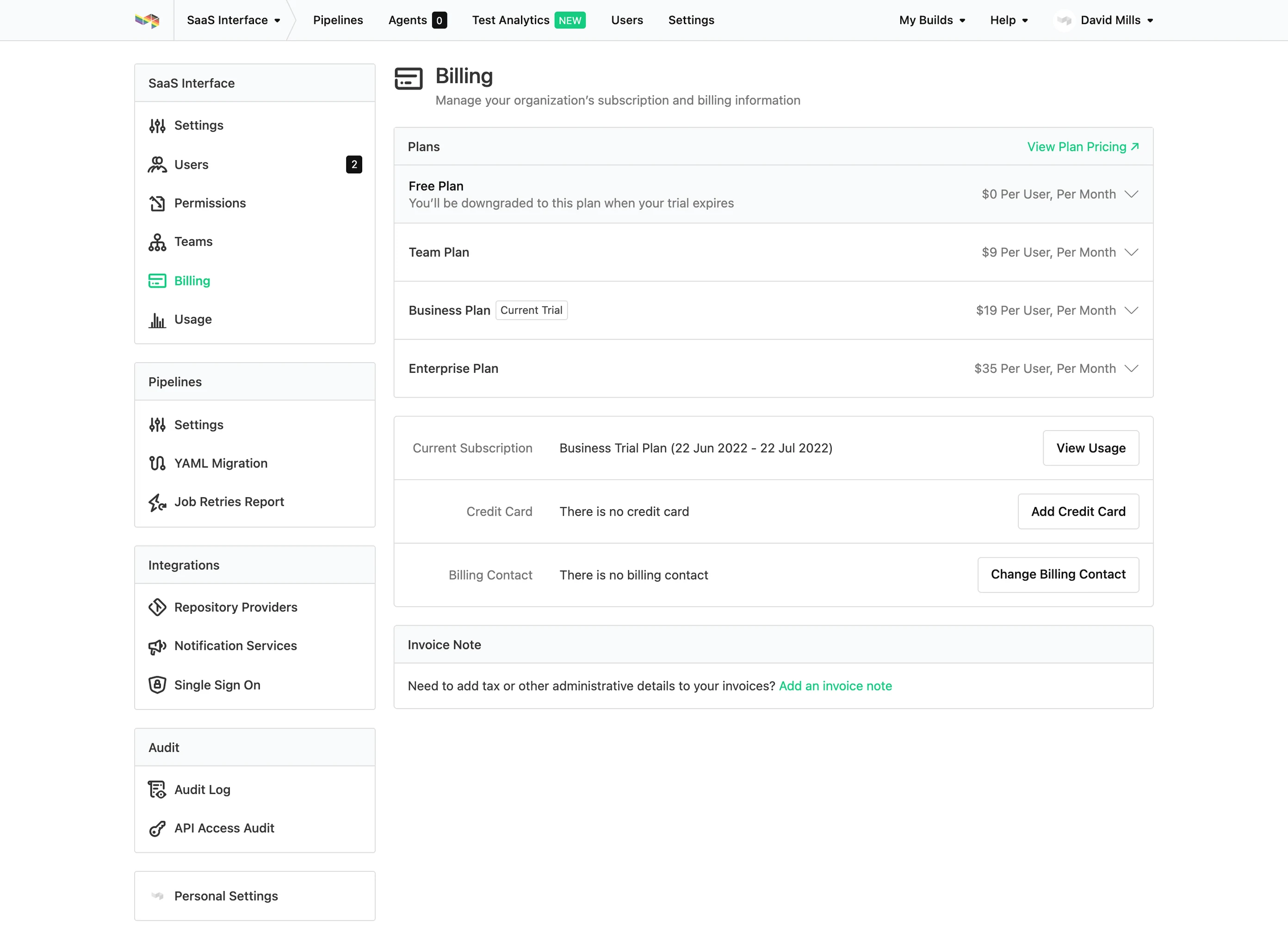 Buildkite workspace billing and plans settings