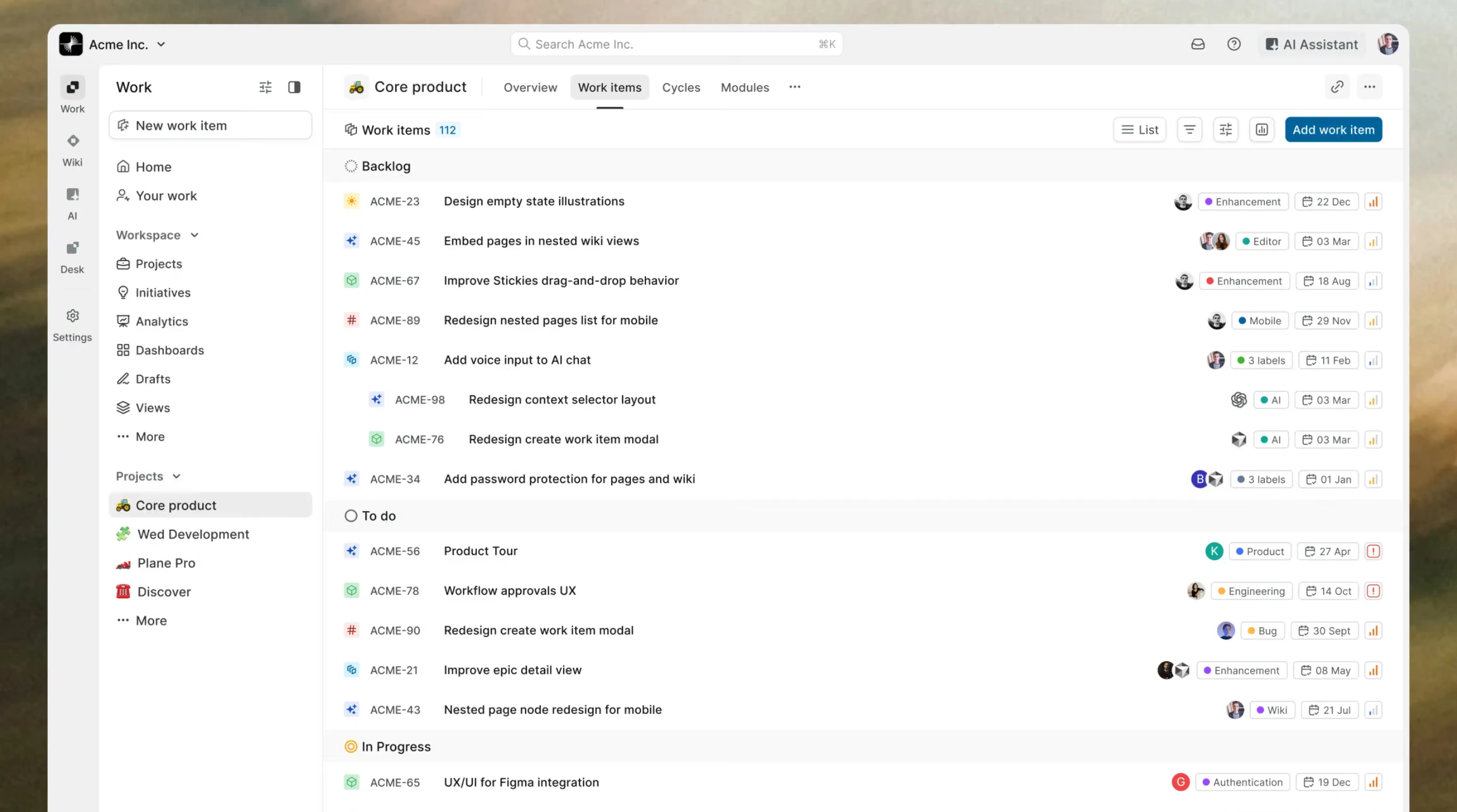 Project work-items list dashboard