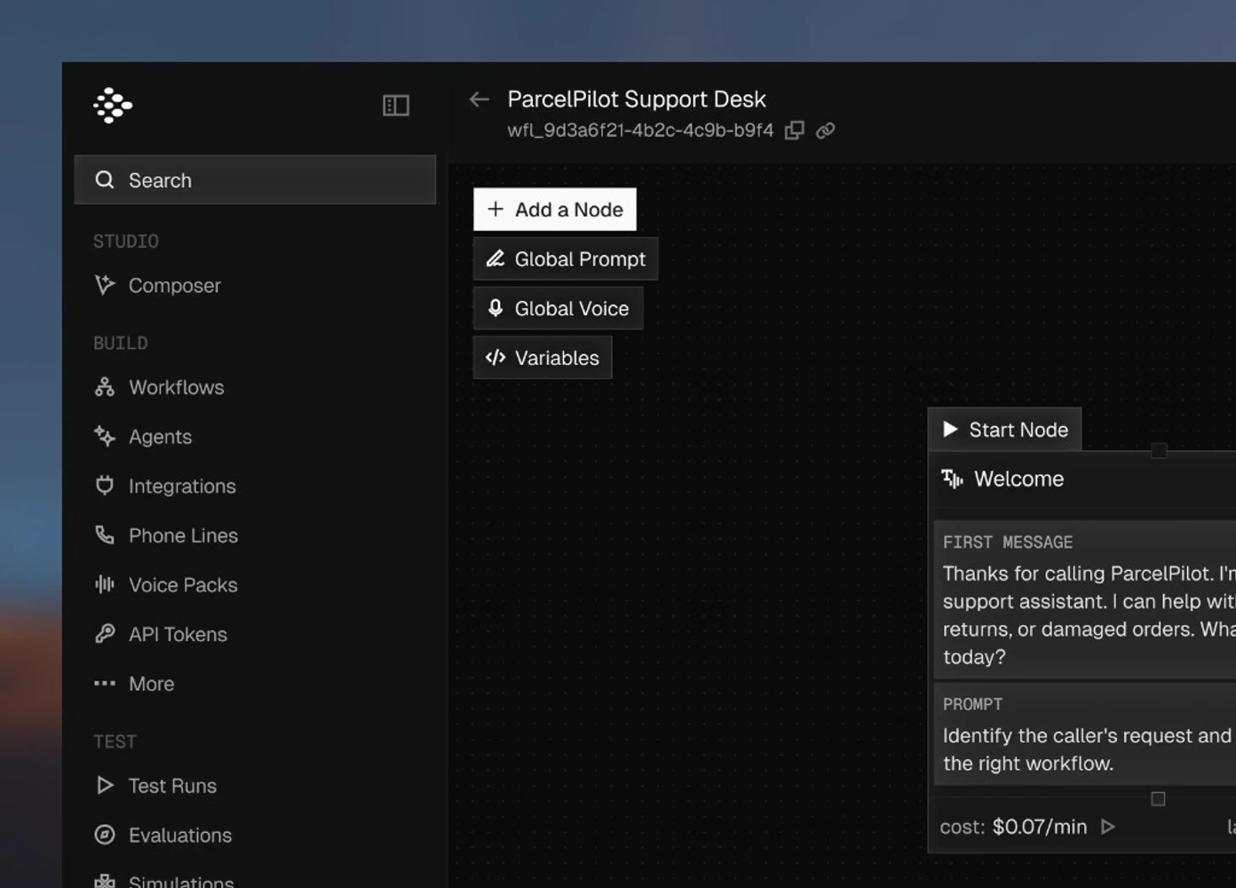 Dark workflow editor with Welcome start node