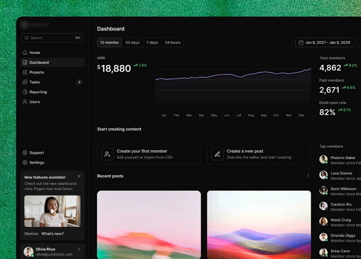Product analytics dashboard with MRR chart and members